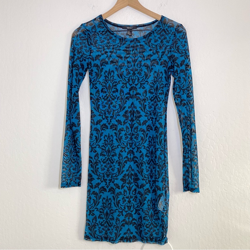 Forever 21 Women’s M Blue Black Sheer Mesh Long Sleeve Body Con Fitted Dress